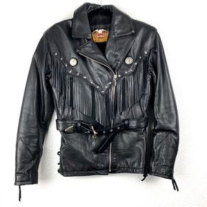 Harley Davidson Leather Jacket Fringe Belted Silver motorcycle Riding Gear Trend
